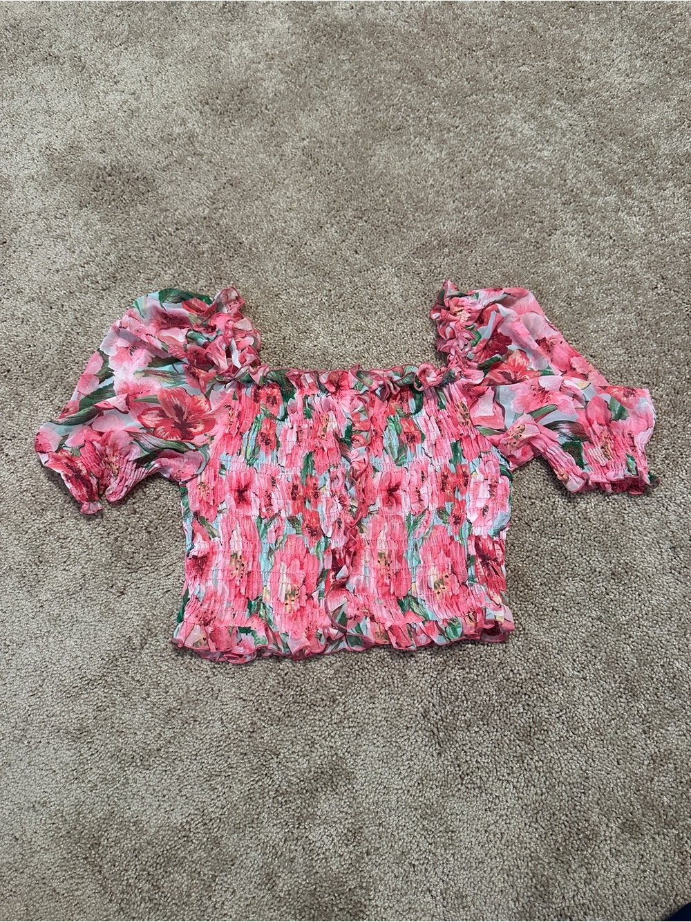 Zara Pink Floral Smocked Off-Shoulder Crop Top